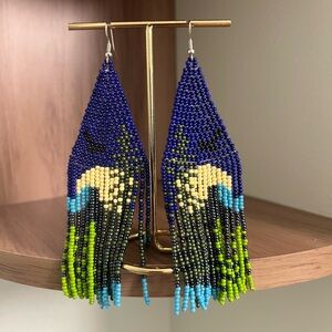 Handcrafted Mountain Sky Beaded Earrings - Blue and Green